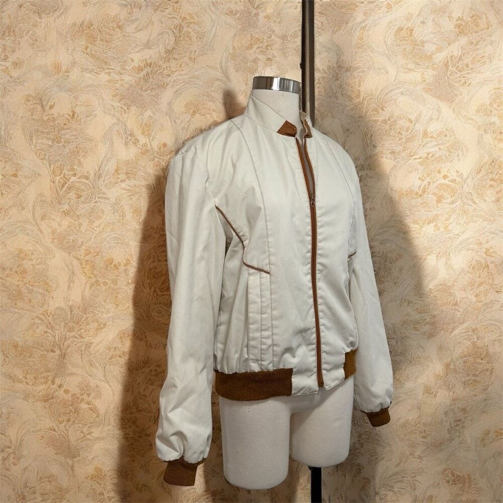 Vintage Cream Brown Canvas Aviator Leather Bomber Jacket Coat Medium - Picture 2 of 10